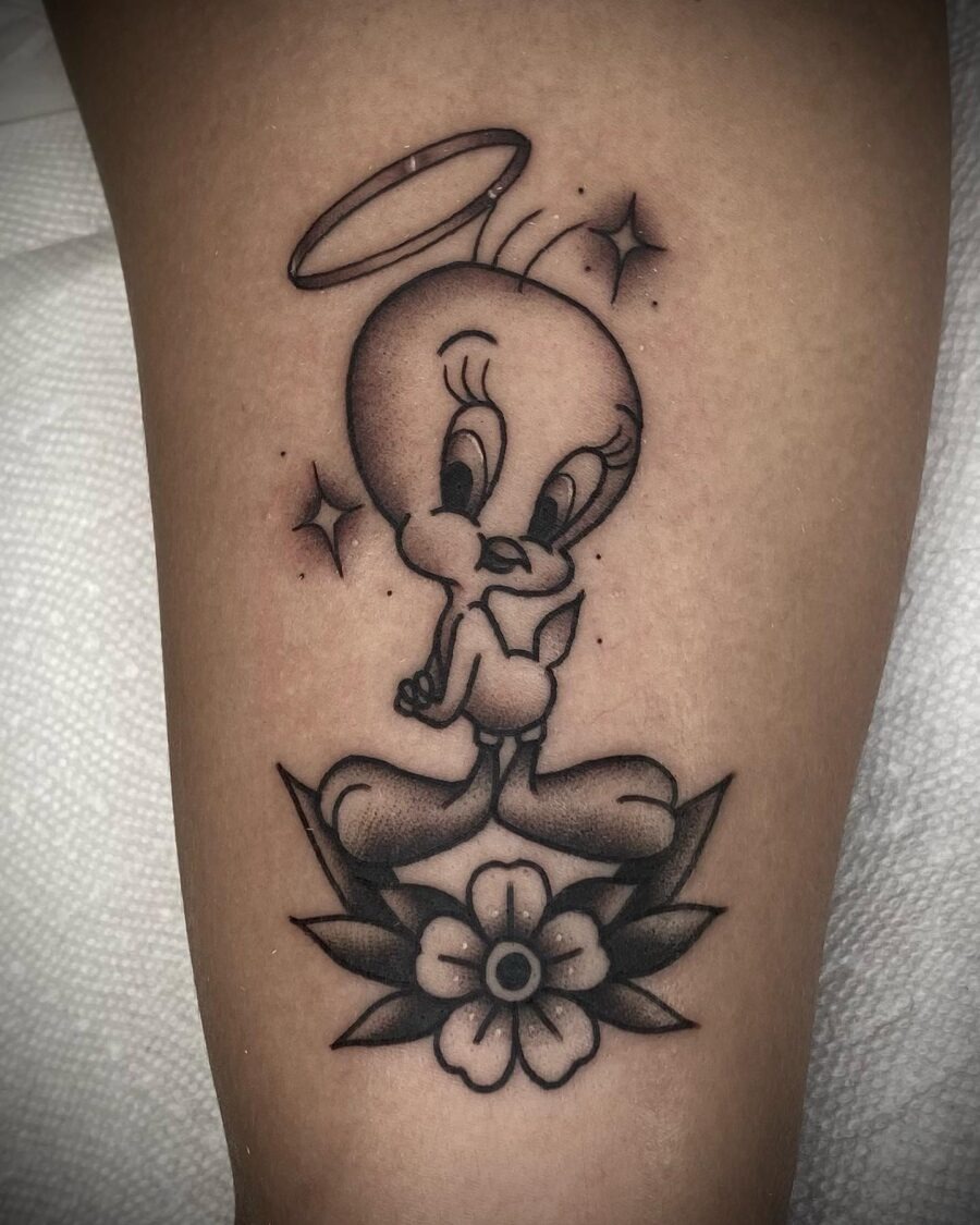 Charming Tweety Tattoo with Floral Elements Tattoo Design