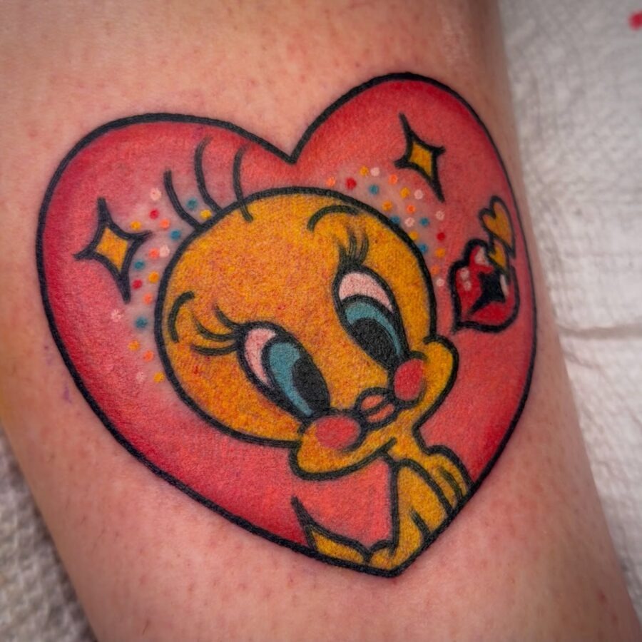 Cheerful Tweety Bird in a Heart Design Tattoo Design