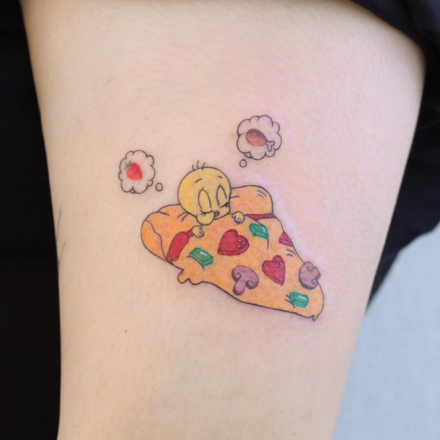 Cute Tweety with a Pizza Slice Tattoo Tattoo Design
