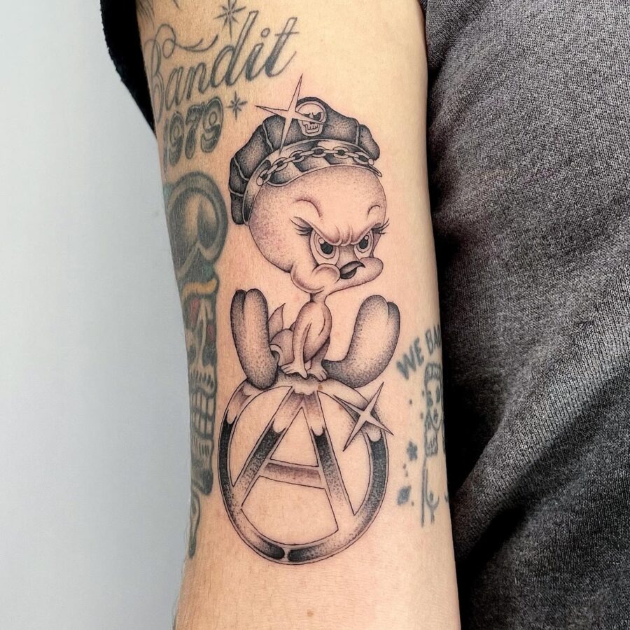 Edgy Tweety Teeters on Anarchy Symbol Tattoo Design