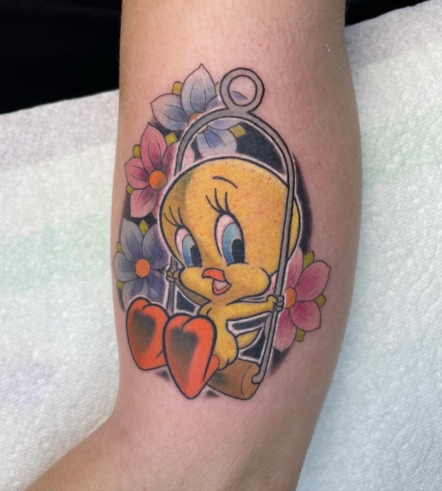 Playful Tweety Bird on a Swing Tattoo Design