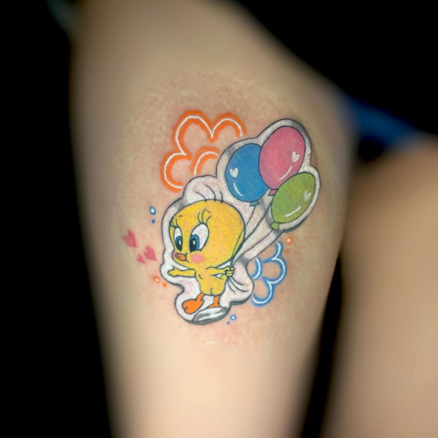 Playful Tweety Bird with Balloons Inked Design Tattoo Design