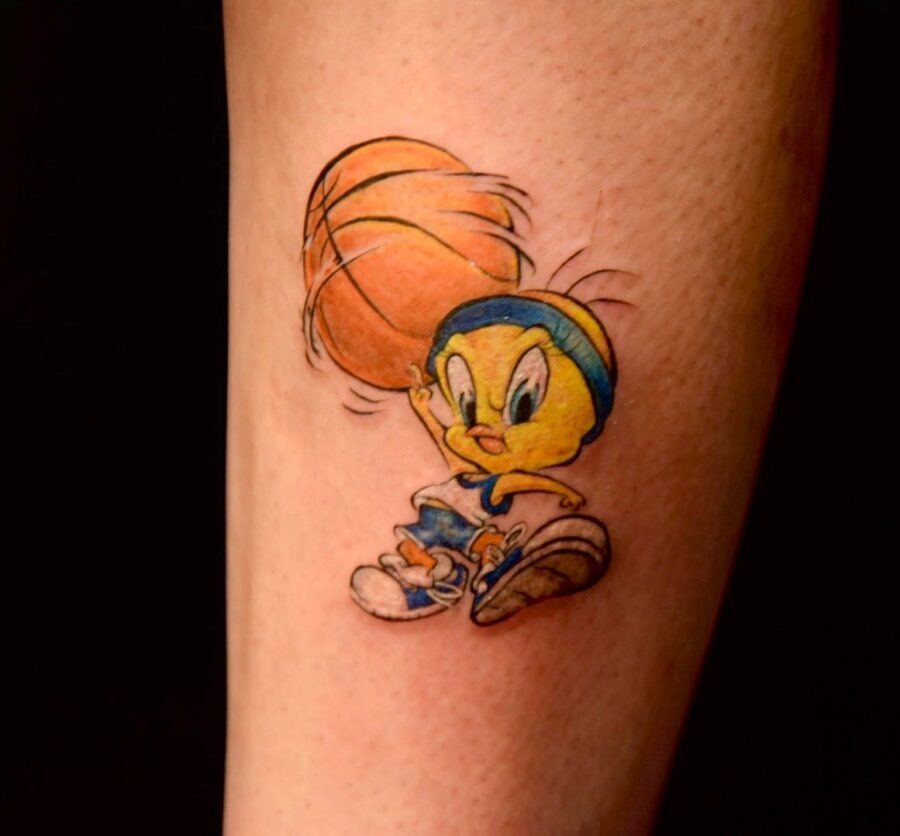 Playful Tweety Bird with Basketball Theme Tattoo Design