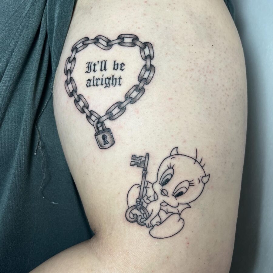 Unique Tweety Tattoo with Heart and Key Tattoo Design
