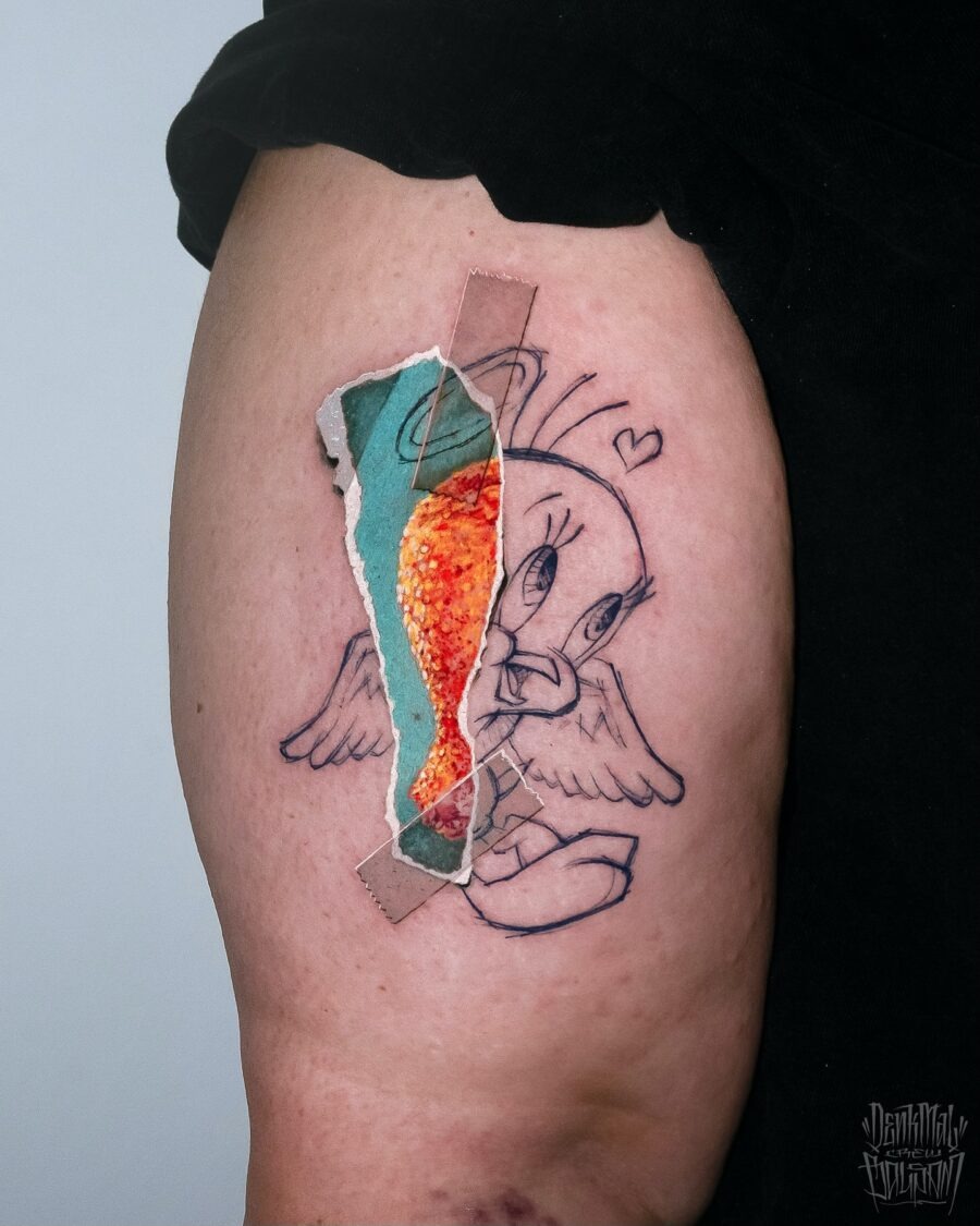Unique Tweety Tattoo with Peeling Skin Effect Tattoo Design