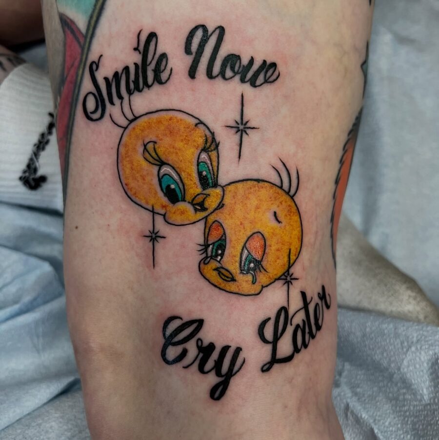 Whimsical Tweety Tattoo with a Clever Phrase Tattoo Design