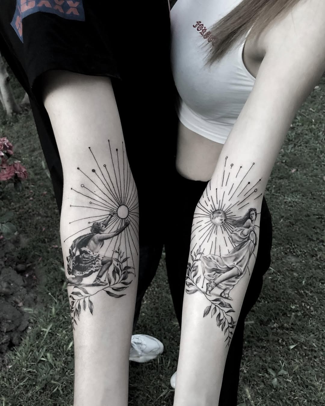 Beautiful twin tattoos of sun and moon Tattoo Design