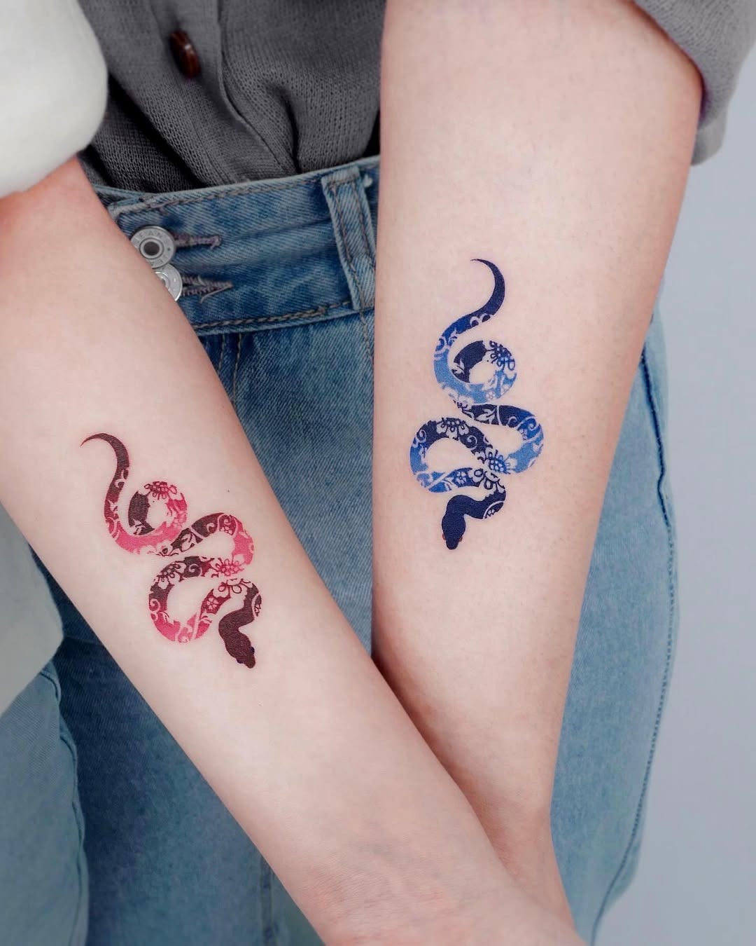 Intricate twin snake tattoos for best friends Tattoo Design