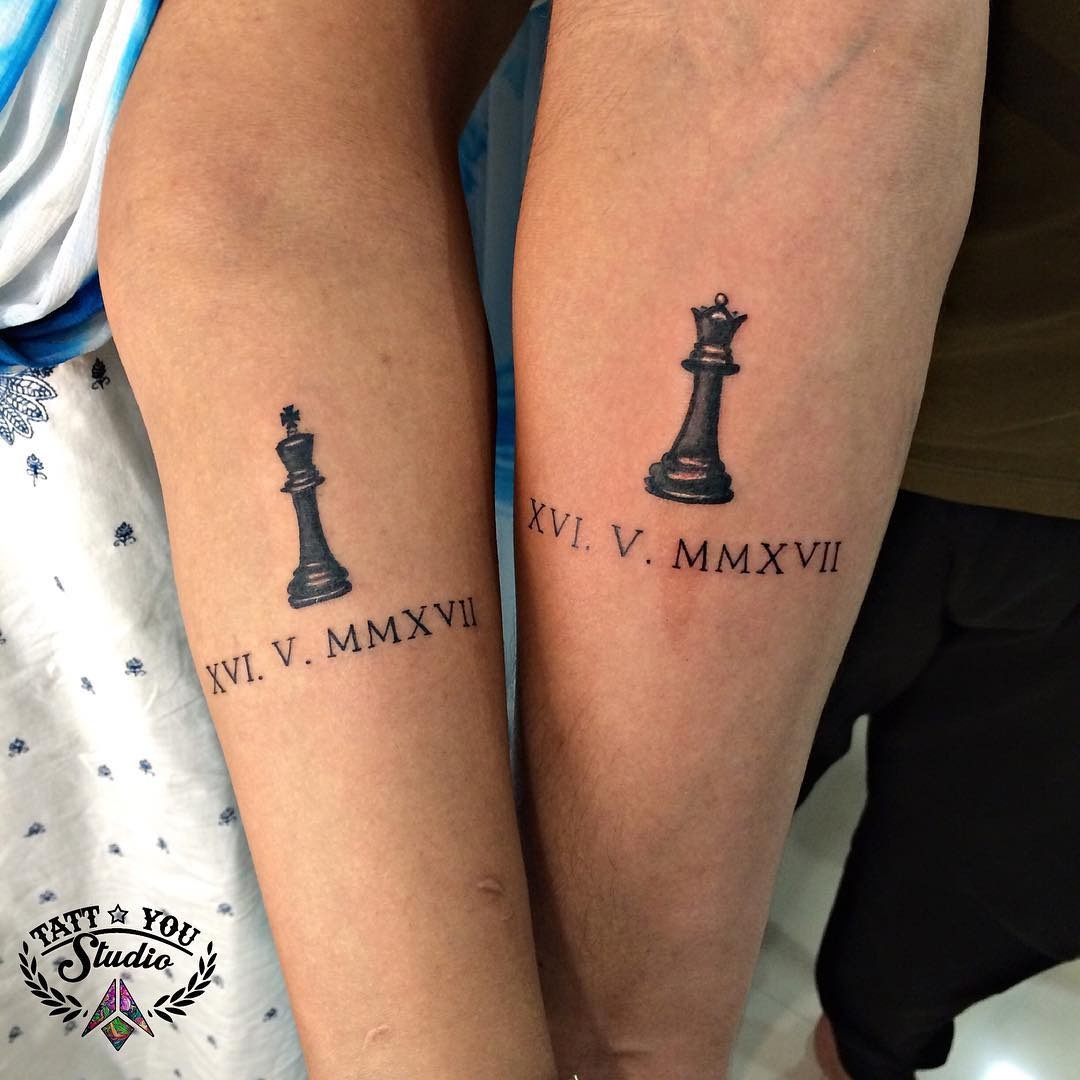 Symbolic twin tattoos showcasing chess pieces Tattoo Design