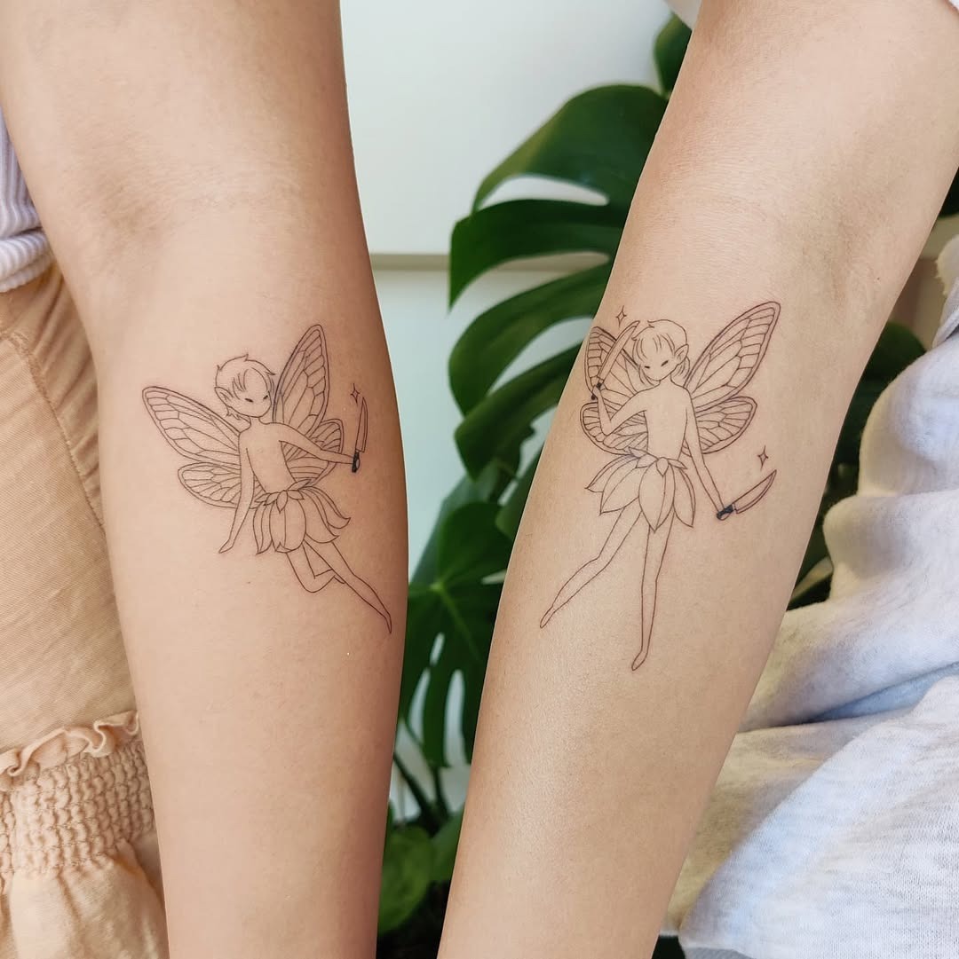 Whimsical fairy tattoos symbolize sibling bond. Tattoo Design