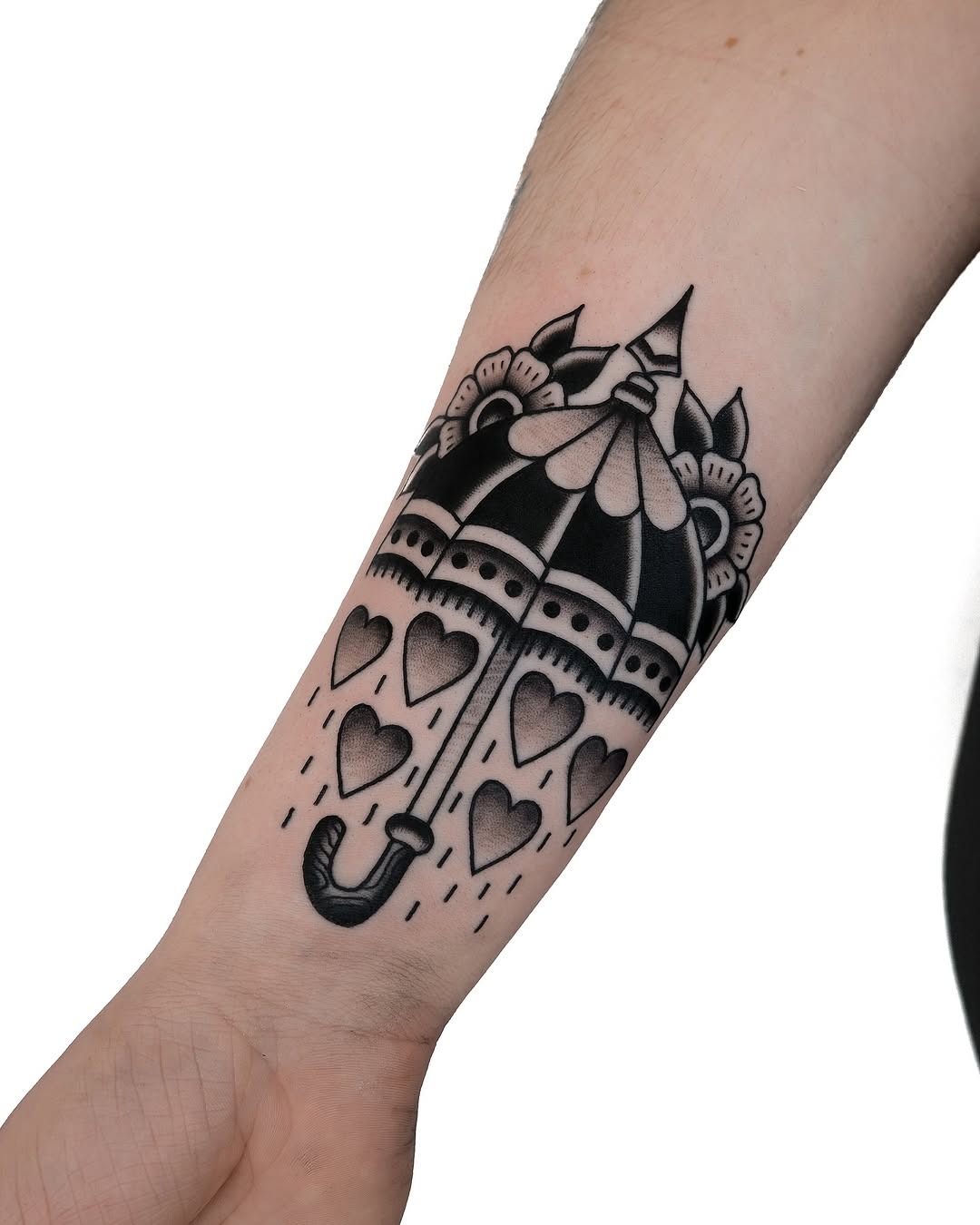 Charming minimalist umbrella tattoo design with hearts Tattoo Design
