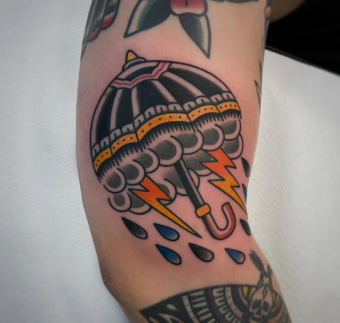 Colorful umbrella tattoo with lightning and rain Tattoo Design