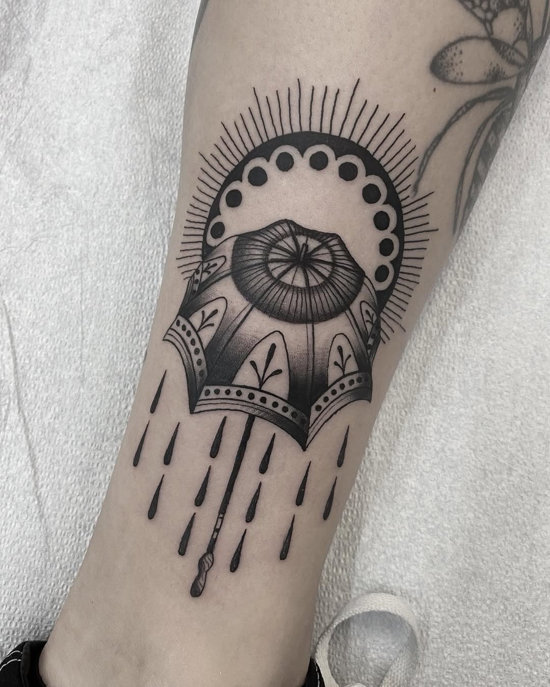Intricate umbrella tattoo with radiant sun Tattoo Design