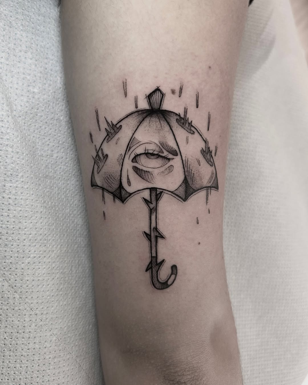 Striking umbrella tattoo with eye and rose Tattoo Design