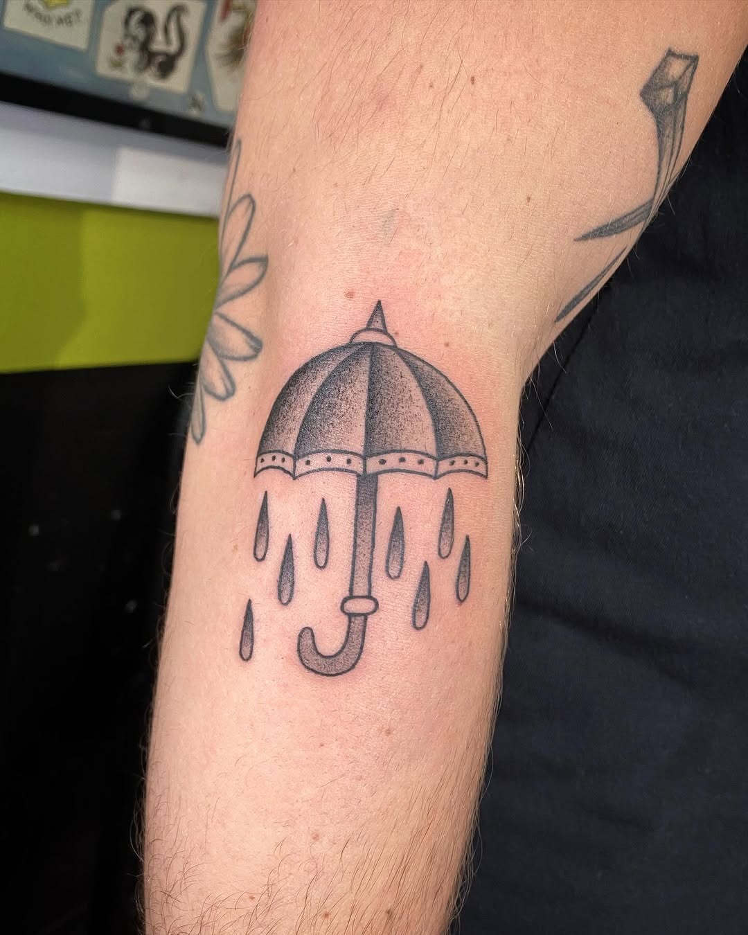 Stylish umbrella tattoo with raindrops design Tattoo Design