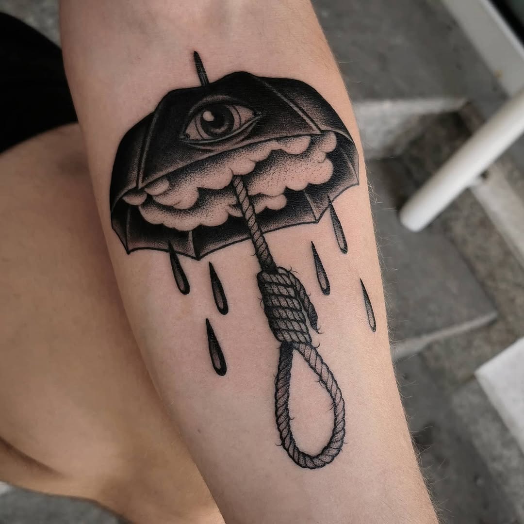 Unique umbrella tattoo with eye and rope design Tattoo Design