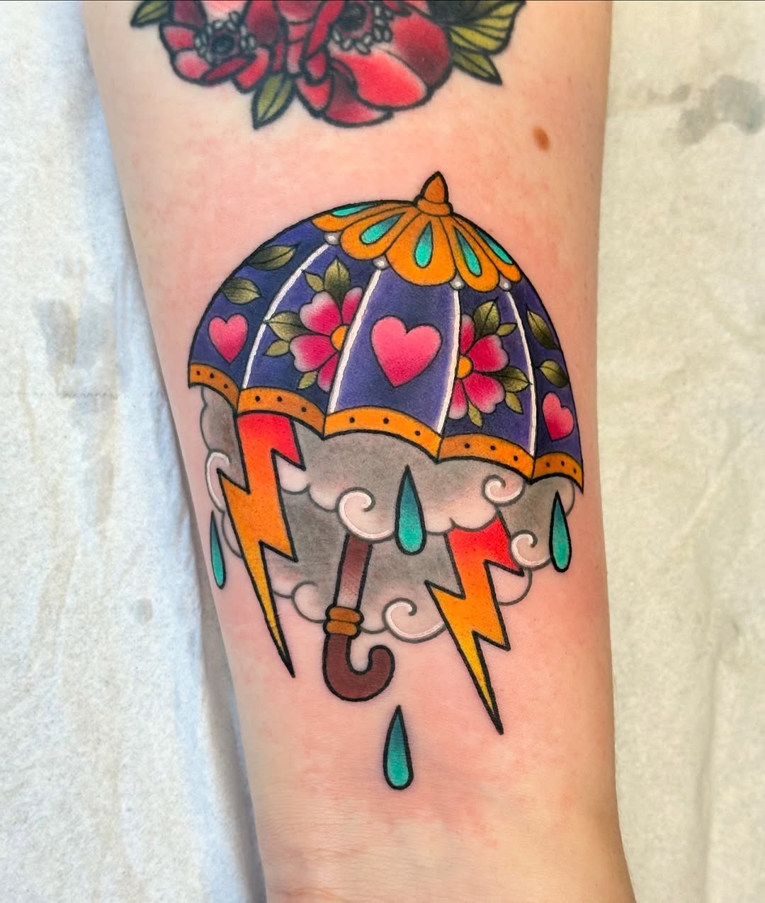 Vibrant umbrella tattoo with floral and lightning elements Tattoo Design