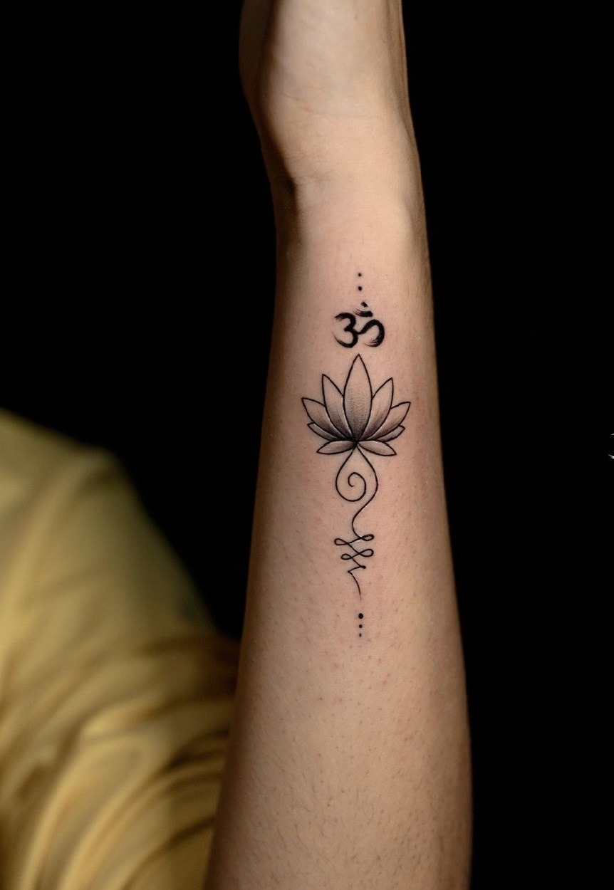 Lotus and Crescent Moon Unalome Tattoo Design