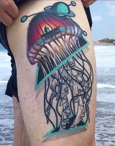 A Vibrant Galactic Jellyfish Design Tattoo Design