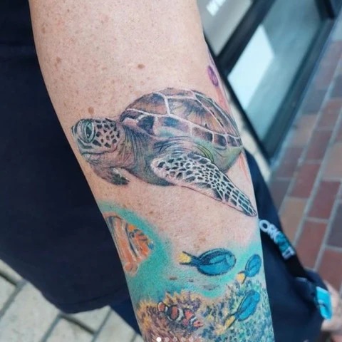 Colorful Sea Turtle and Coral Reef Tattoo Design