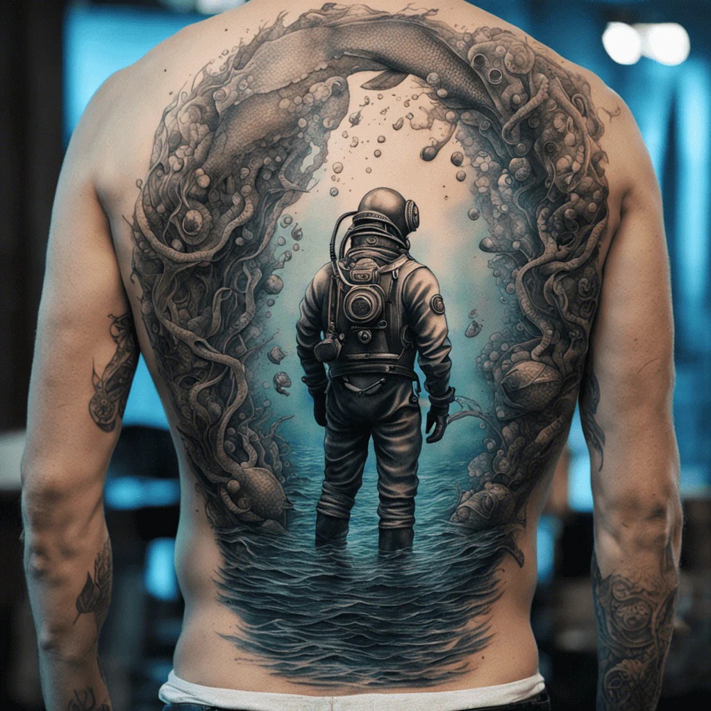 Deep-Sea Diver in a Surreal Underwater World Tattoo Design