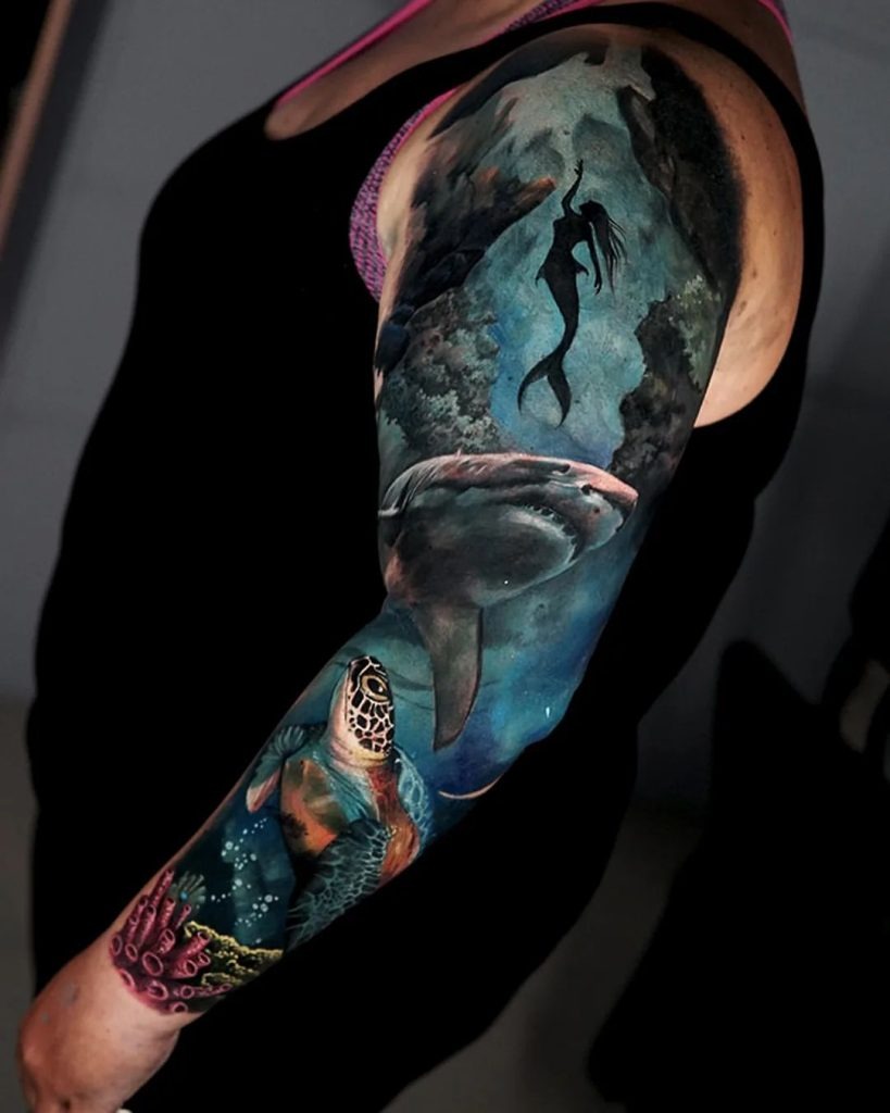 Detailed Fineline Sea Life Sleeve Tattoo Design