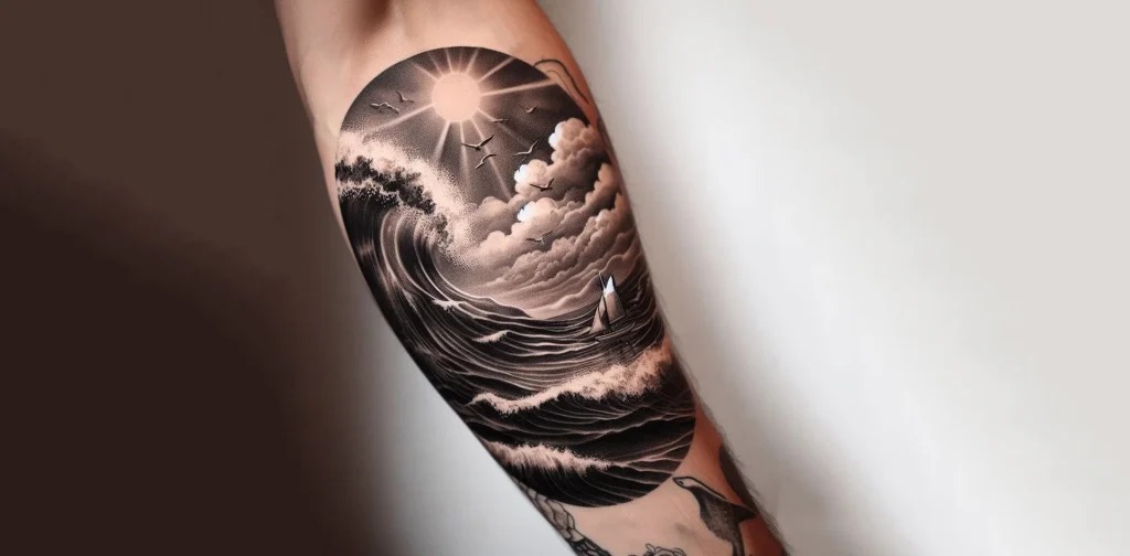 Majestic Ocean Wave and Sailboat Scene Tattoo Design