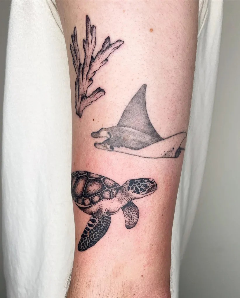 Realistic Sea Turtle with Underwater Companions Tattoo Design