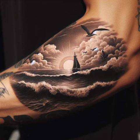 Serene Ocean Sunset with a Sailboat Tattoo Design