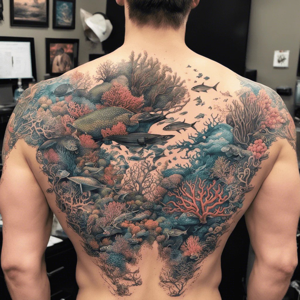 Vibrant Coral Reef Ecosystem Tattoo Design