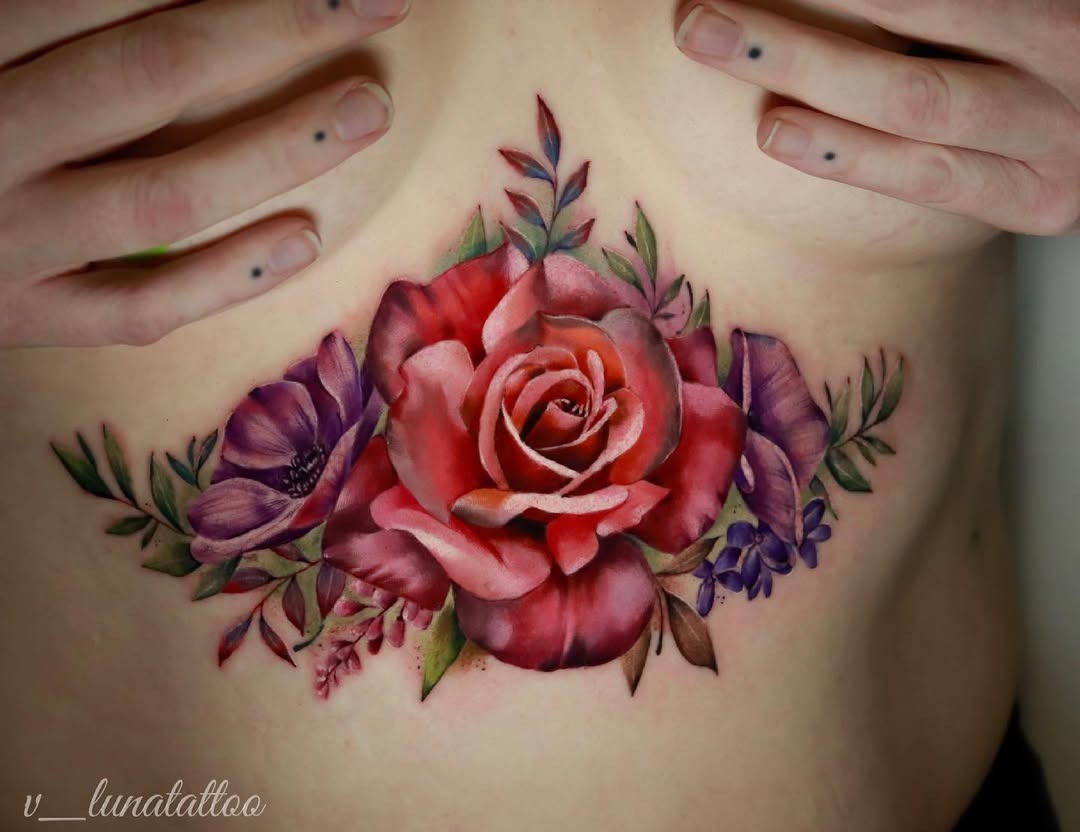 Stunning floral underboob tattoo showcasing artistry. Tattoo Design