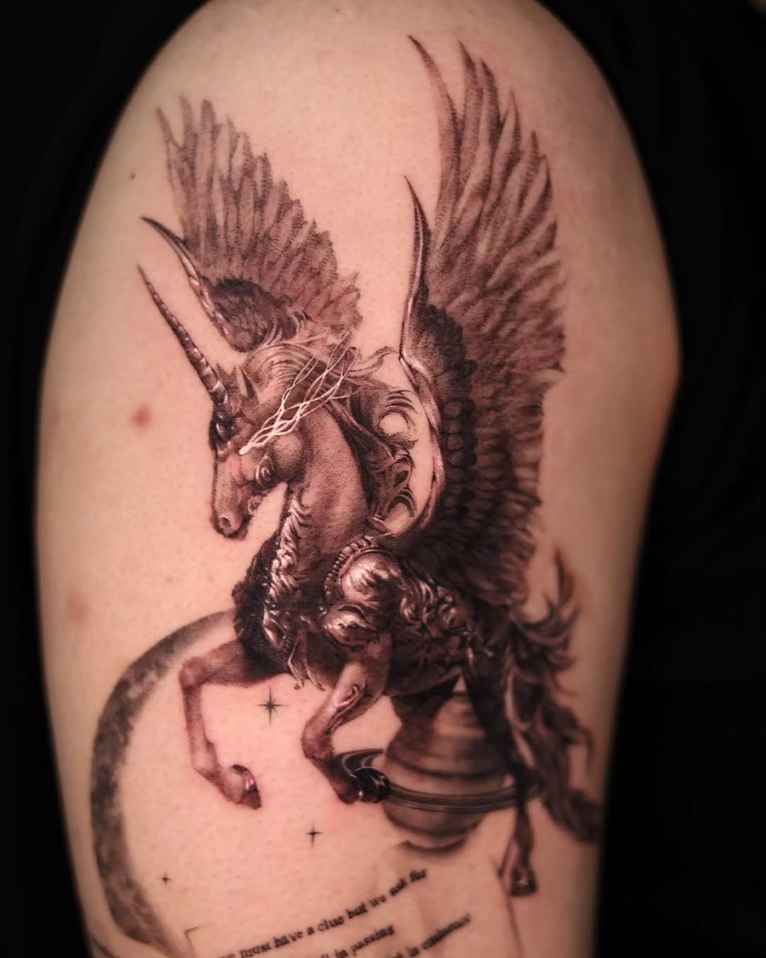 A stunning unicorn tattoo with wings design Tattoo Design