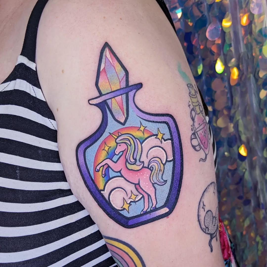 Enchanting unicorn in a magical potion bottle Tattoo Design