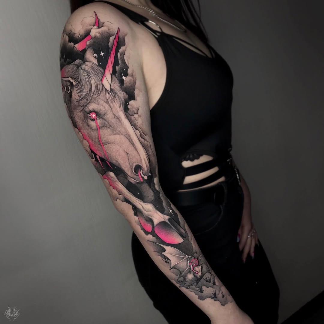 Striking unicorn tattoo showcasing magical elements Tattoo Design