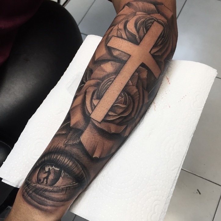Cross with Angel Wings and "Blessed" Forearm Tattoo Tattoo Design