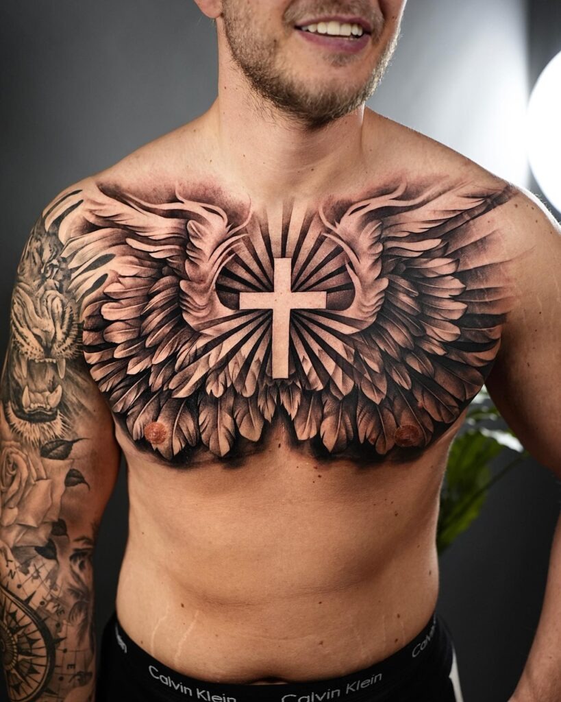 Cross with Creation of Adam Thigh Tattoo Tattoo Design