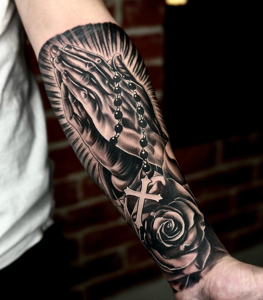 Faithful Cross Tattoo with Mountain and Sun Tattoo Design