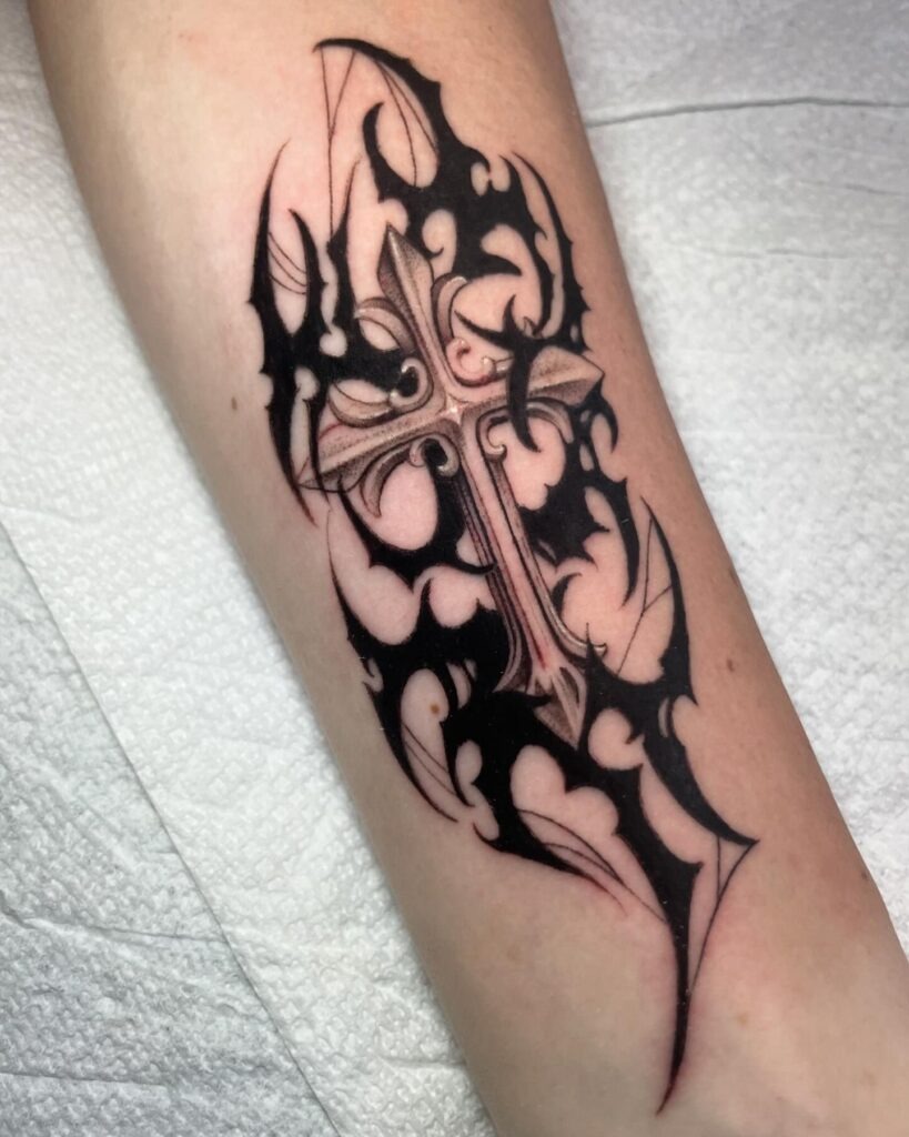 Ornate Cross with Bat Wings Chest Tattoo Tattoo Design