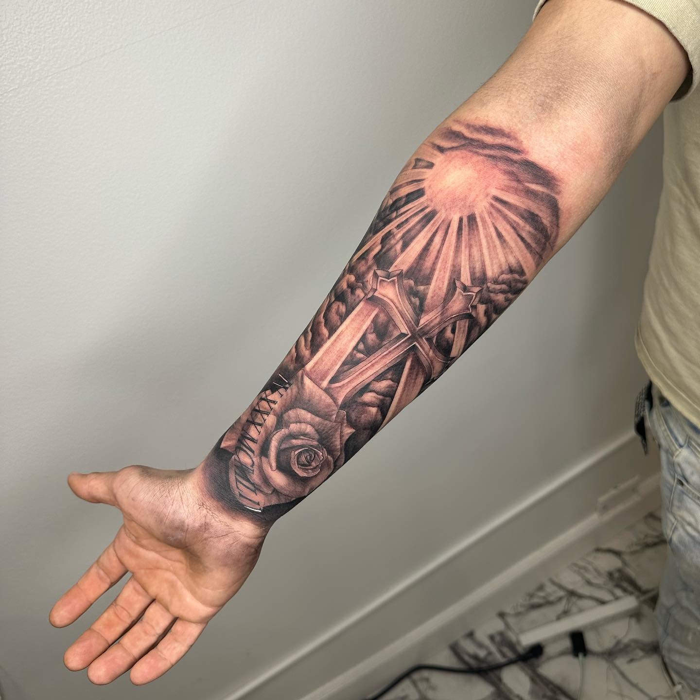 Roaring Lion with Cross Forearm Tattoo Tattoo Design