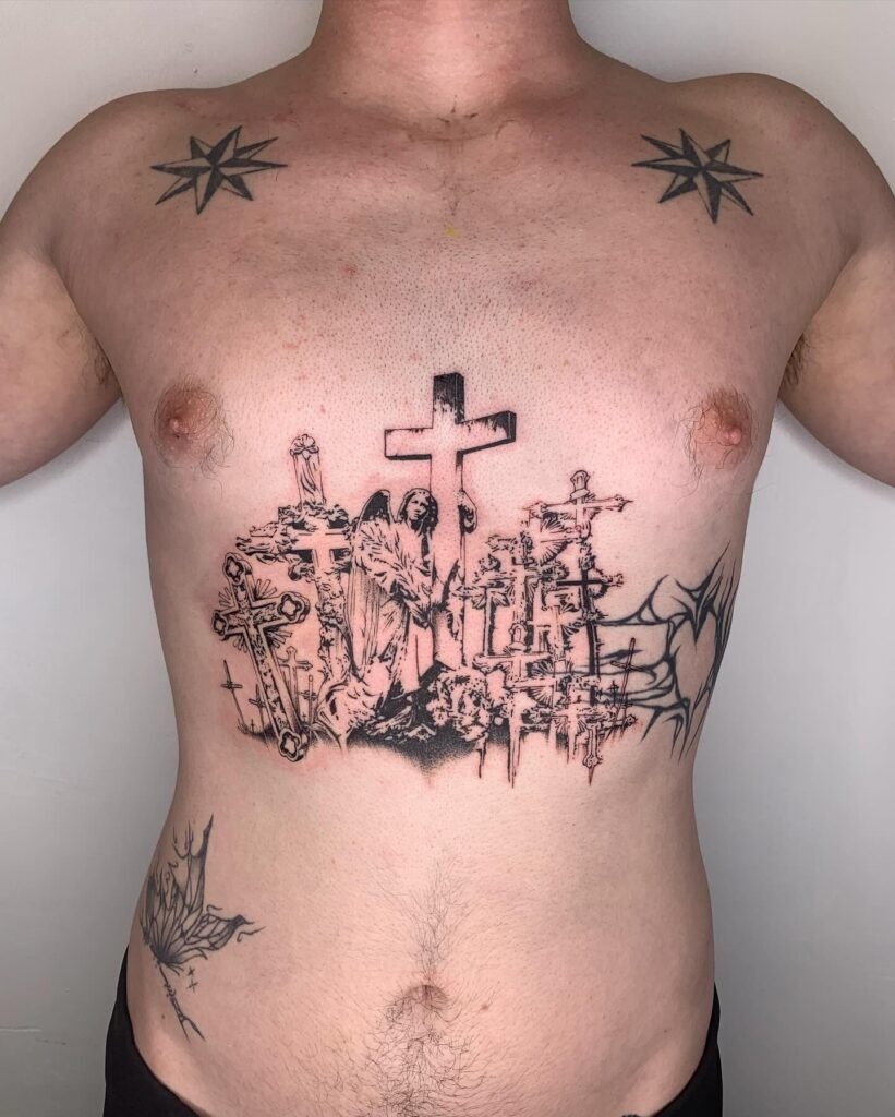 Three Crosses on a Mountain with a Date Tattoo Design