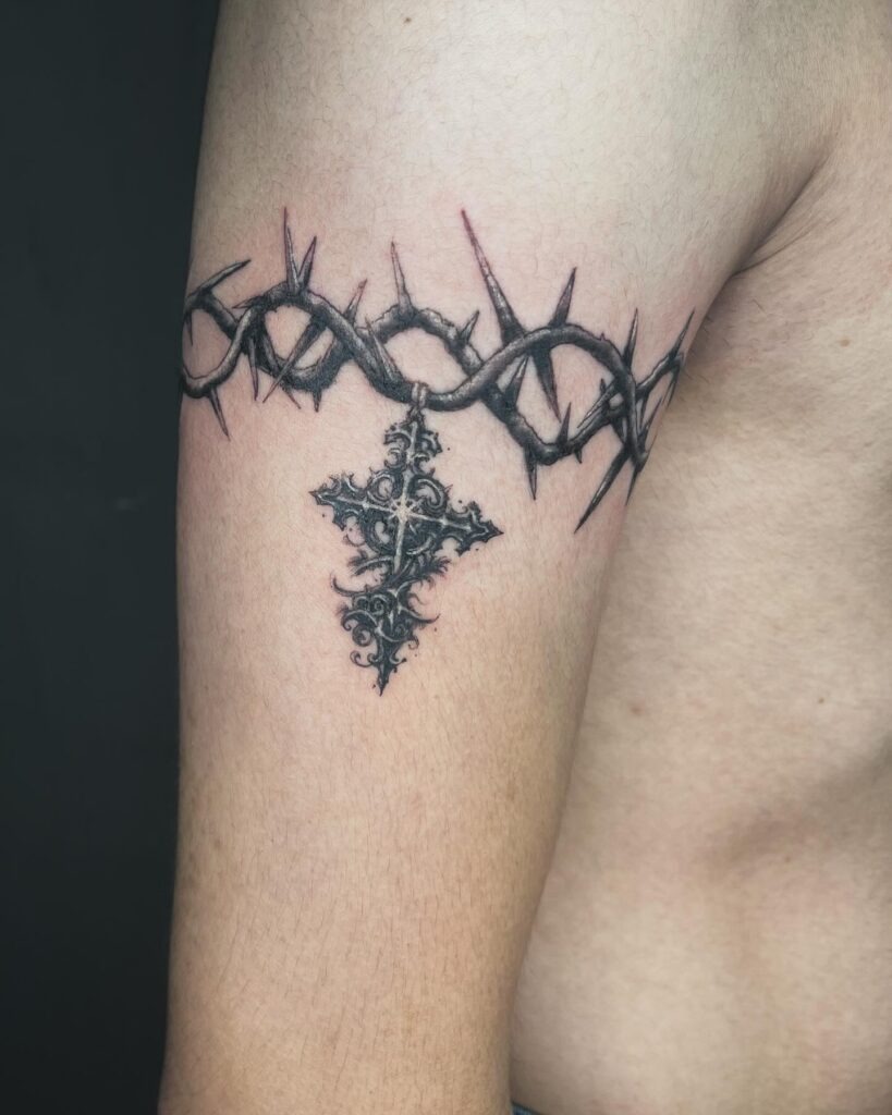 Triple Cross with Radiating Light Neck Tattoo Tattoo Design