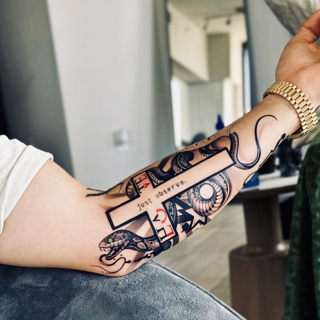 Wooden Cross with Crown of Thorns and Scripture Tattoo Tattoo Design