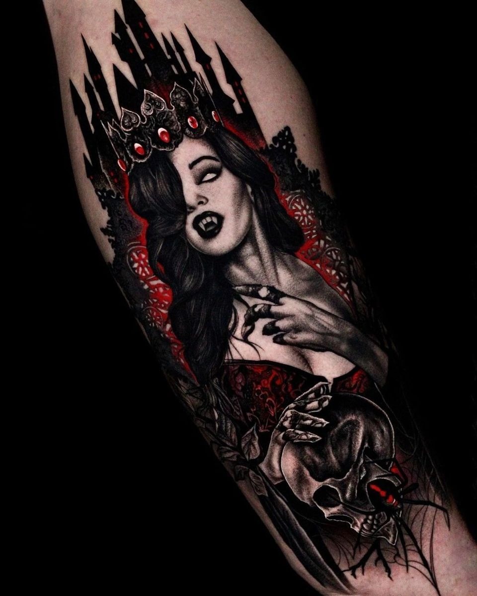 Black and Grey Seductive Vampire Portrait Tattoo Design