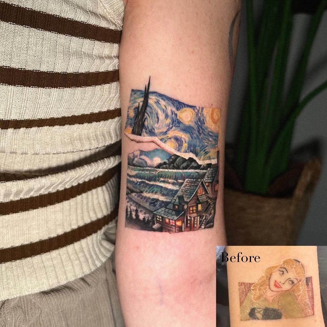 A vibrant homage to Van Gogh’s Starry Night Tattoo Design