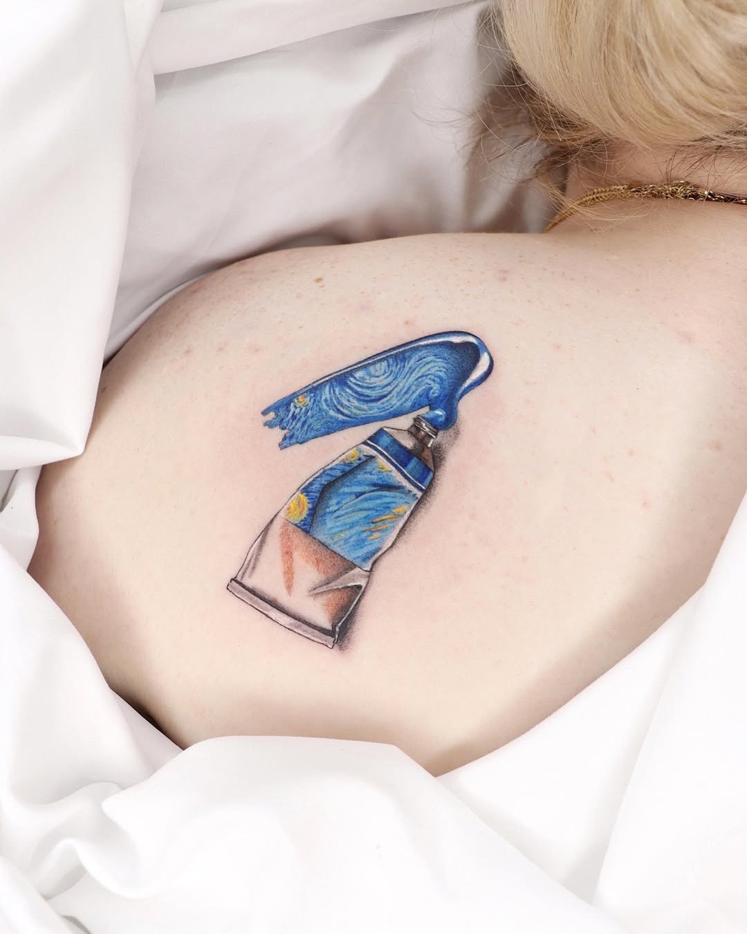 Colorful Van Gogh palette tattoo on back Tattoo Design