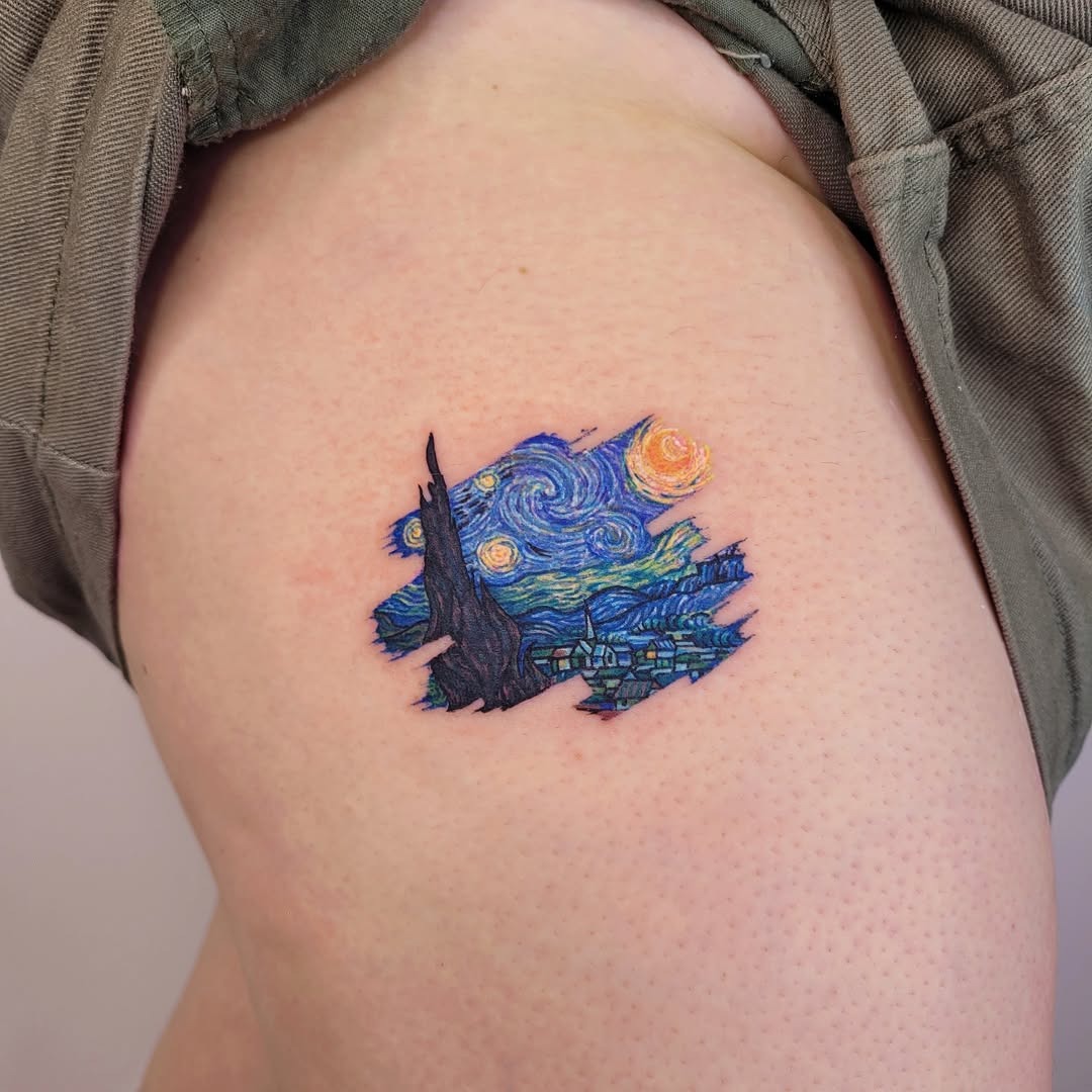 Stunning Starry Night Tattoo on Thigh Tattoo Design