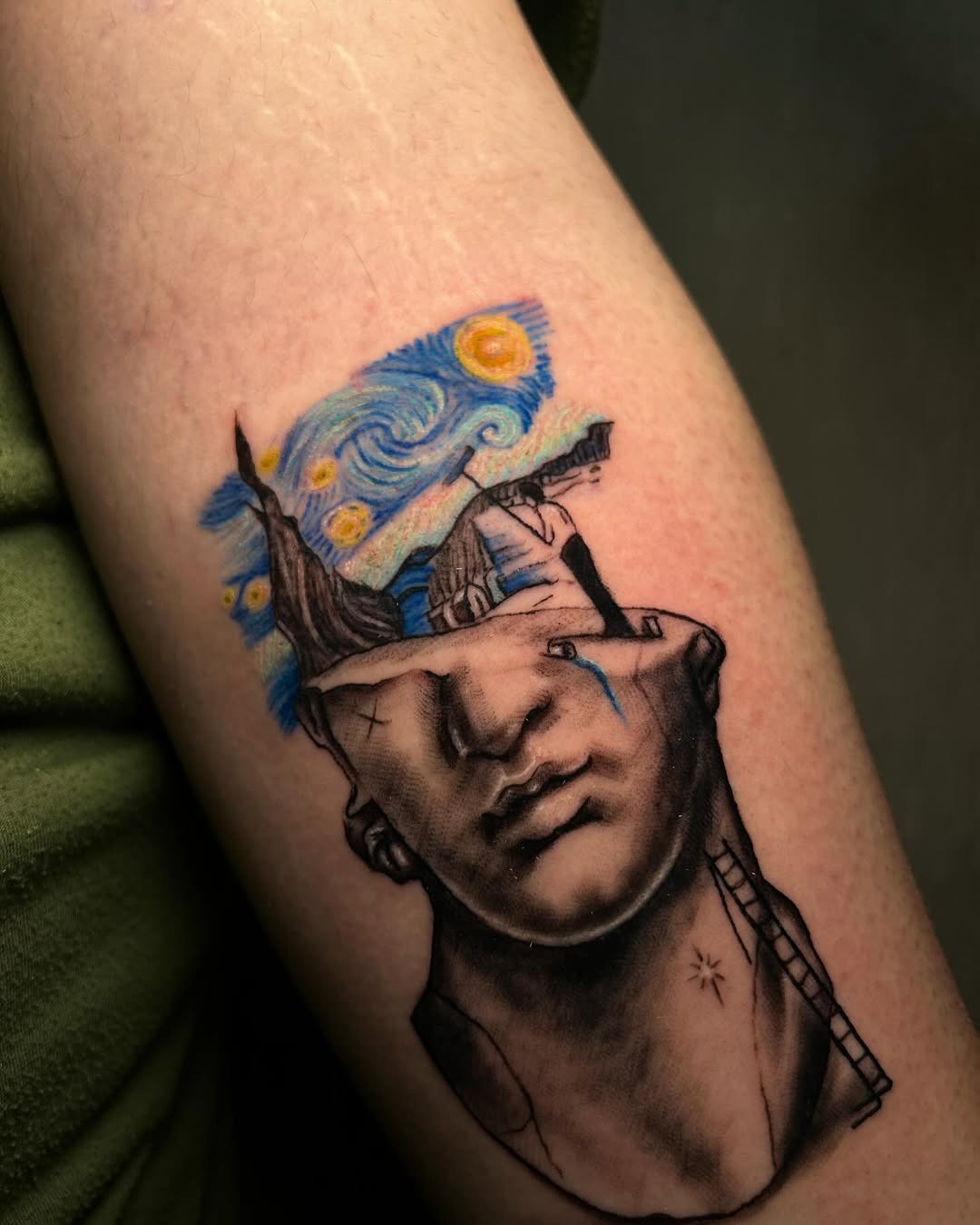 Surreal fusion of Van Gogh and classical sculptures Tattoo Design