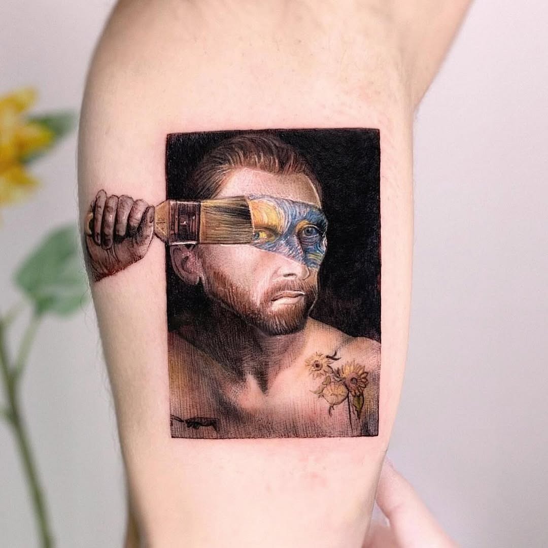 Unique self-portrait tattoo with brush details Tattoo Design
