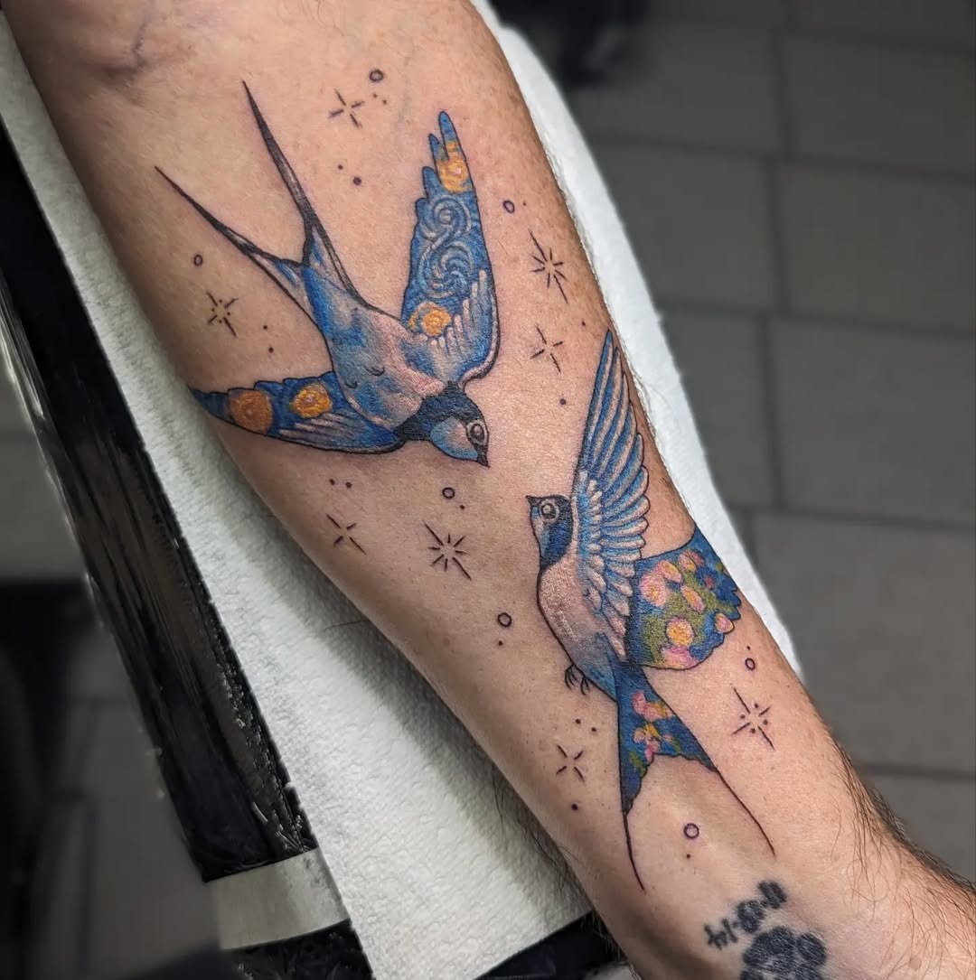 Vibrant birds inspired by Van Gogh’s art Tattoo Design
