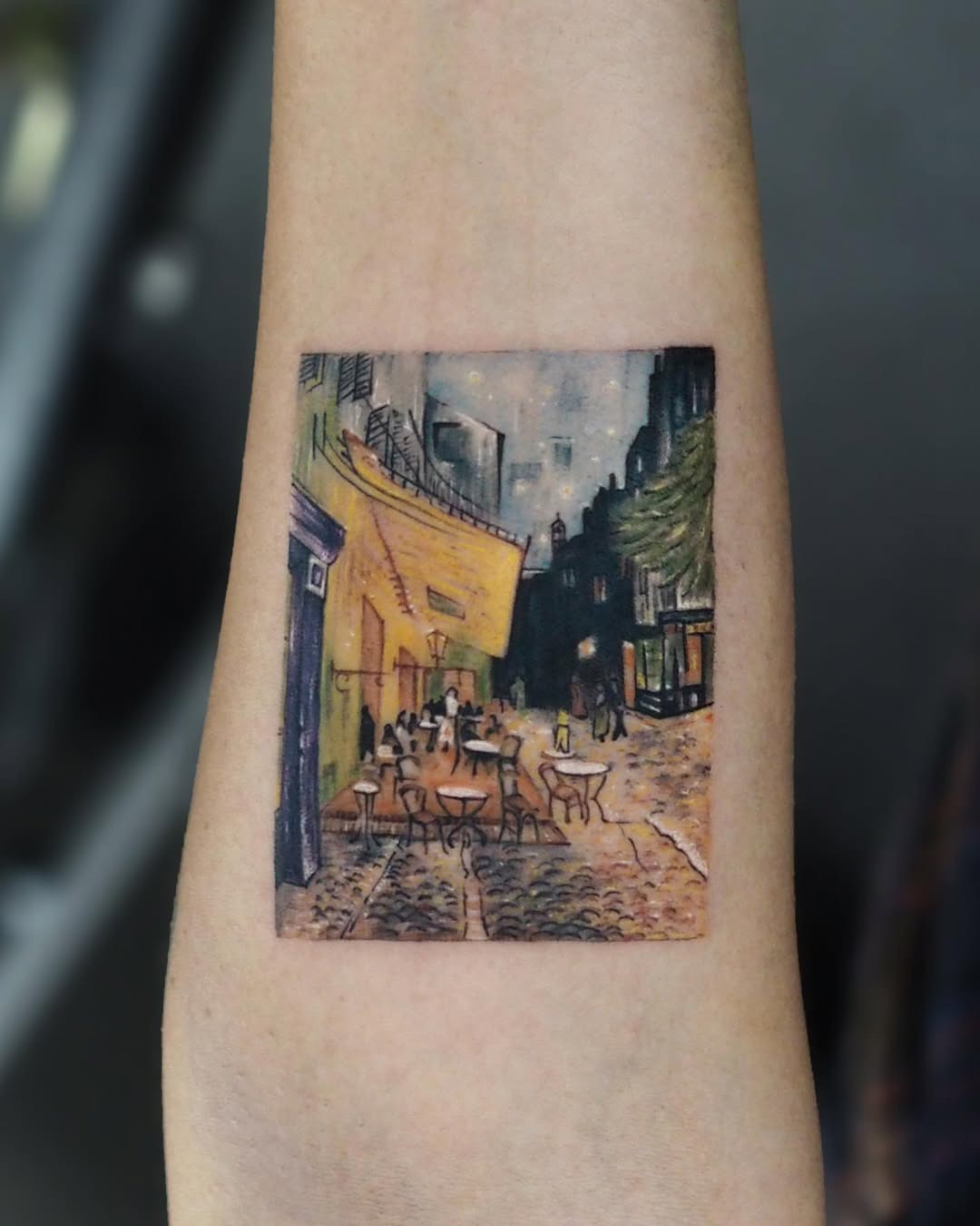 Vibrant café scene inspired by Van Gogh Tattoo Design
